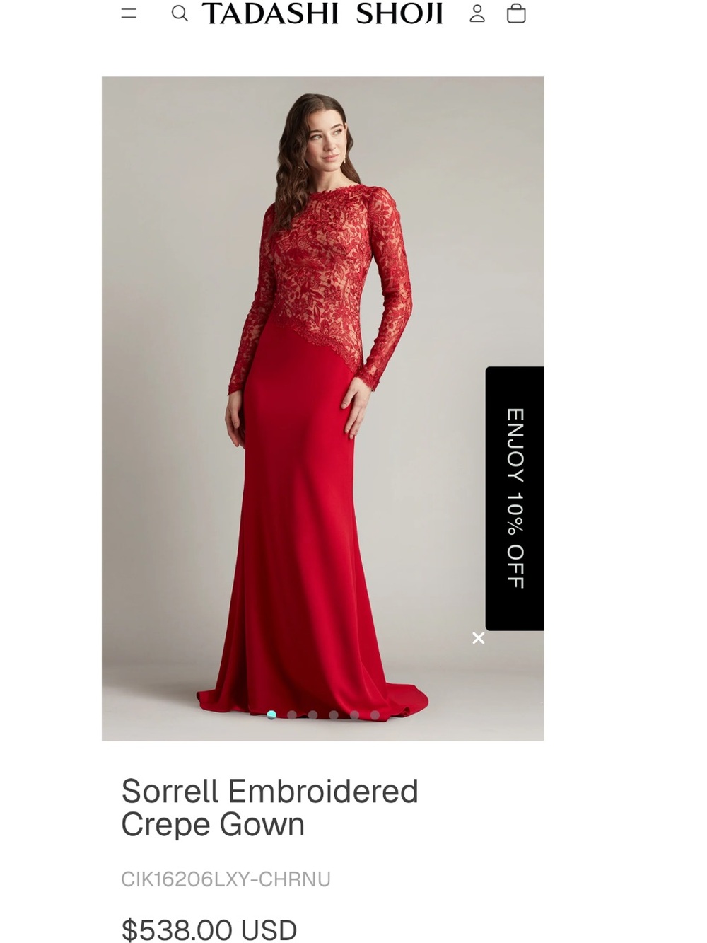 Tadashi Shoji Sorrell Embroidered Crepe Red Gown